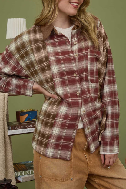 Color Block Plaid Button Down Oversized Flannel Shirt
