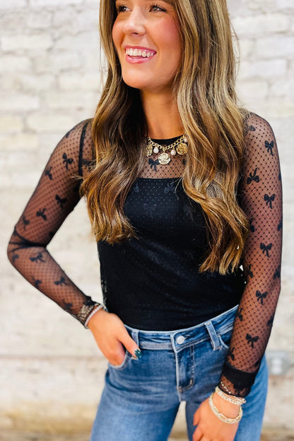Black Bow Pattern Mesh Long Sleeve Top