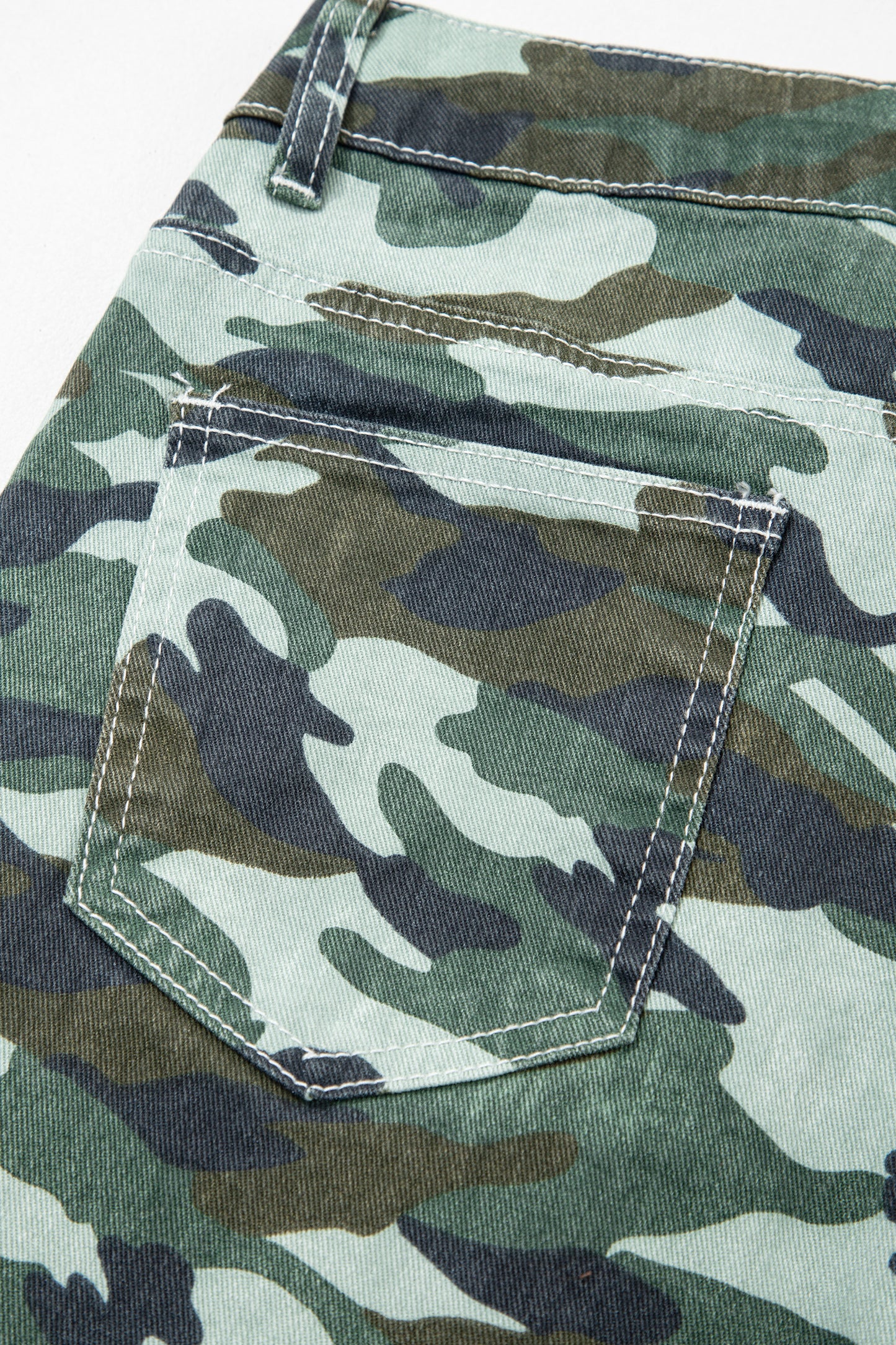 Green Camo Print Wide Leg Drawstring Denim Pants