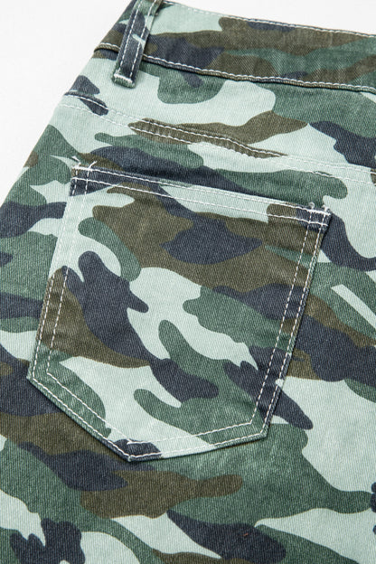 Green Camo Print Wide Leg Drawstring Denim Pants
