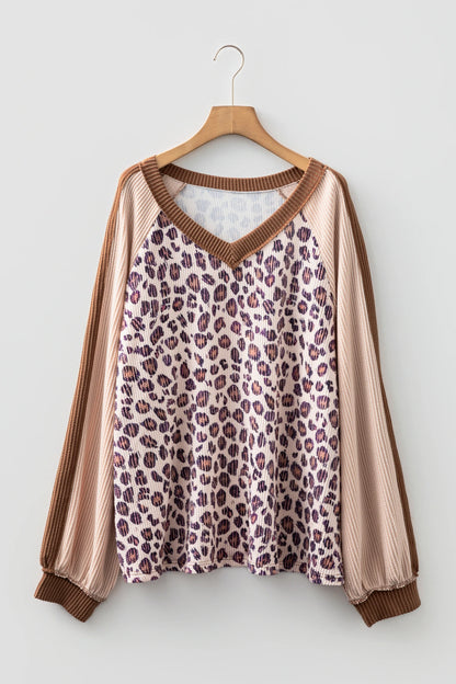 Parchment Leopard Colorblock Patchwork Twist Ribbed Plus Size V Neck Baggy Pullover