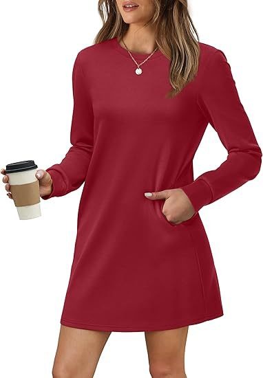 Cozy Long Sleeve Crewneck Sweatshirt Dress with Pockets