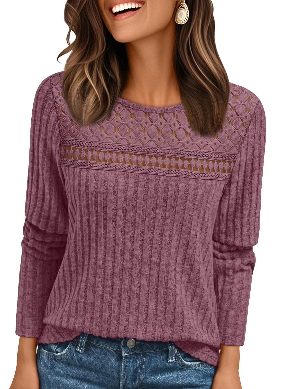 Ribbed Knit Pullover with Lace Panel Long Sleeves