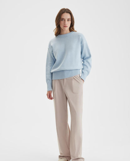 Cozy Solid Crewneck Knit Sweater for Women Fall Winter