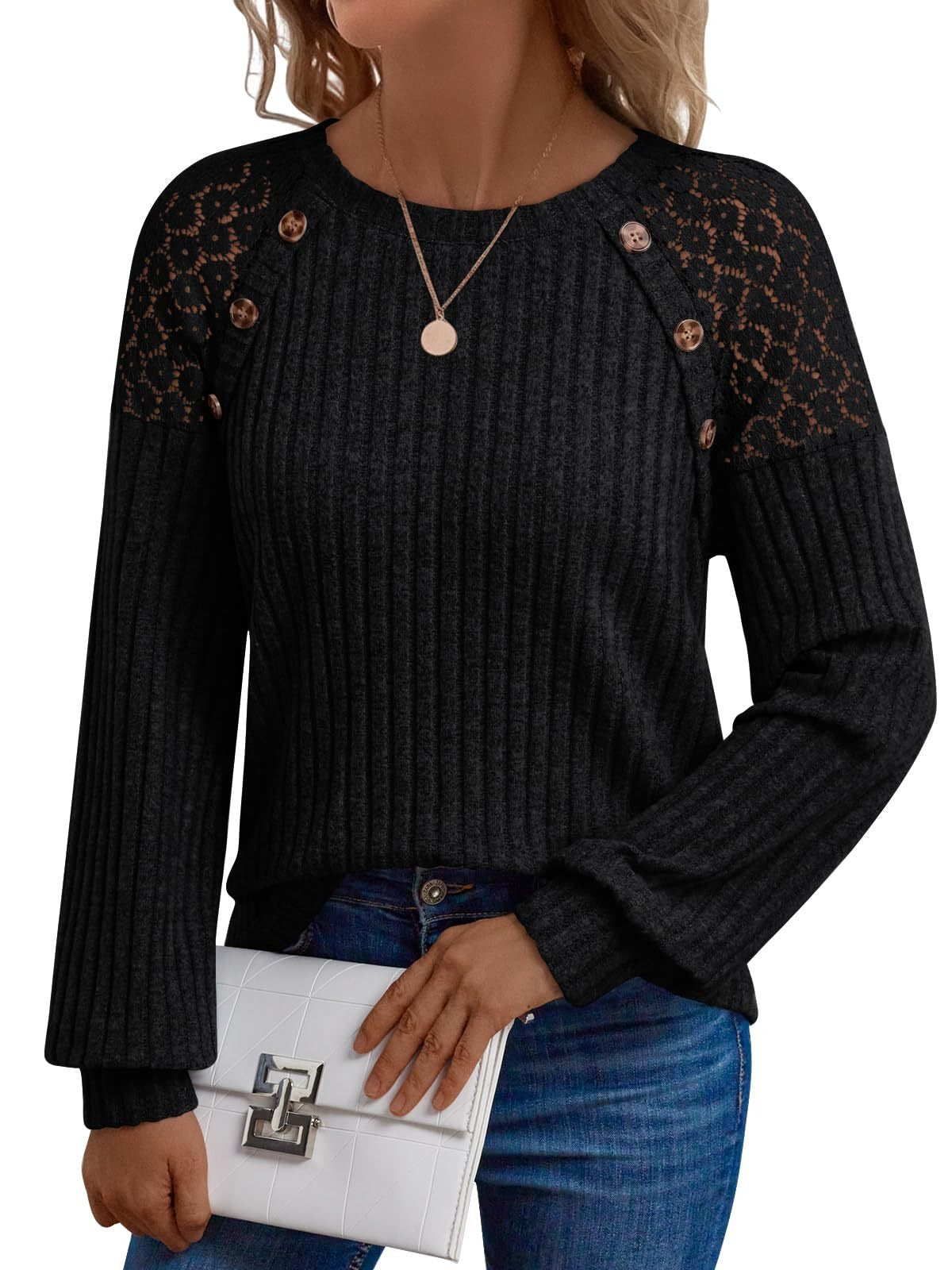 Solid Ribbed Knit Button Pullover with Lace & Buttons