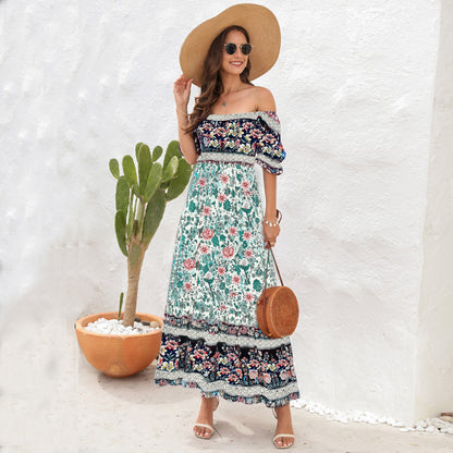 Women's Off Shoulder Midi Dress Floral Short Sleeve A Line Casual Beach Vacation Dresses