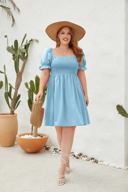 Women's Square Neck Flounce Short Sleeve Shirred Ruffle Hem Dress