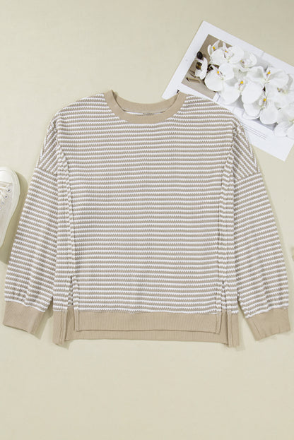 Plus Size Brown Stripe Knit Long Sleeve Ribbed Top
