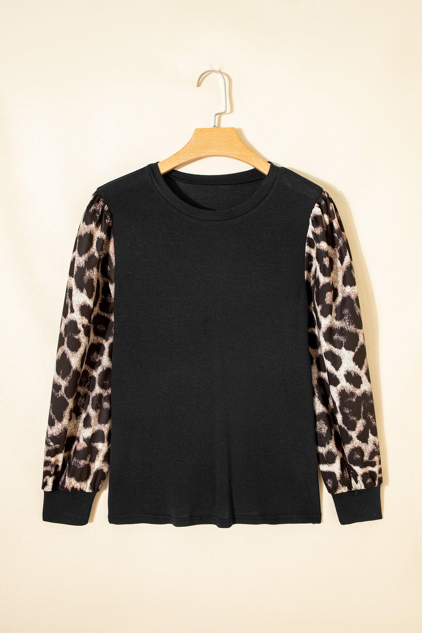 Black Leopard Puff Sleeve Patchwork Casual Top