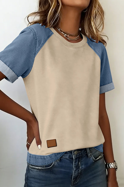 Beige Denim Patchwork Color Block Casual Crew Neck Tee