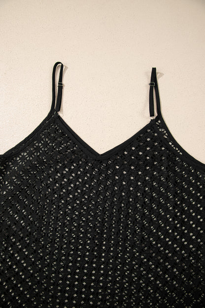 Black Sheer Knit Ruffle Hem Crochet Beach Cover Up