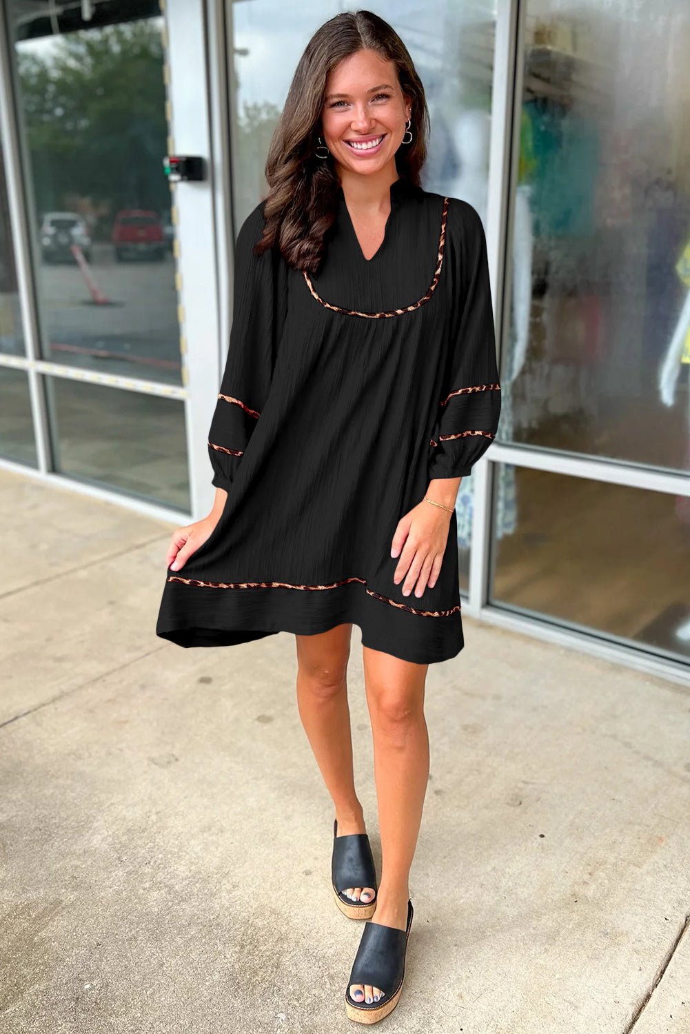 Black Textured V Neck Leopard Trim Shift Mini Dress