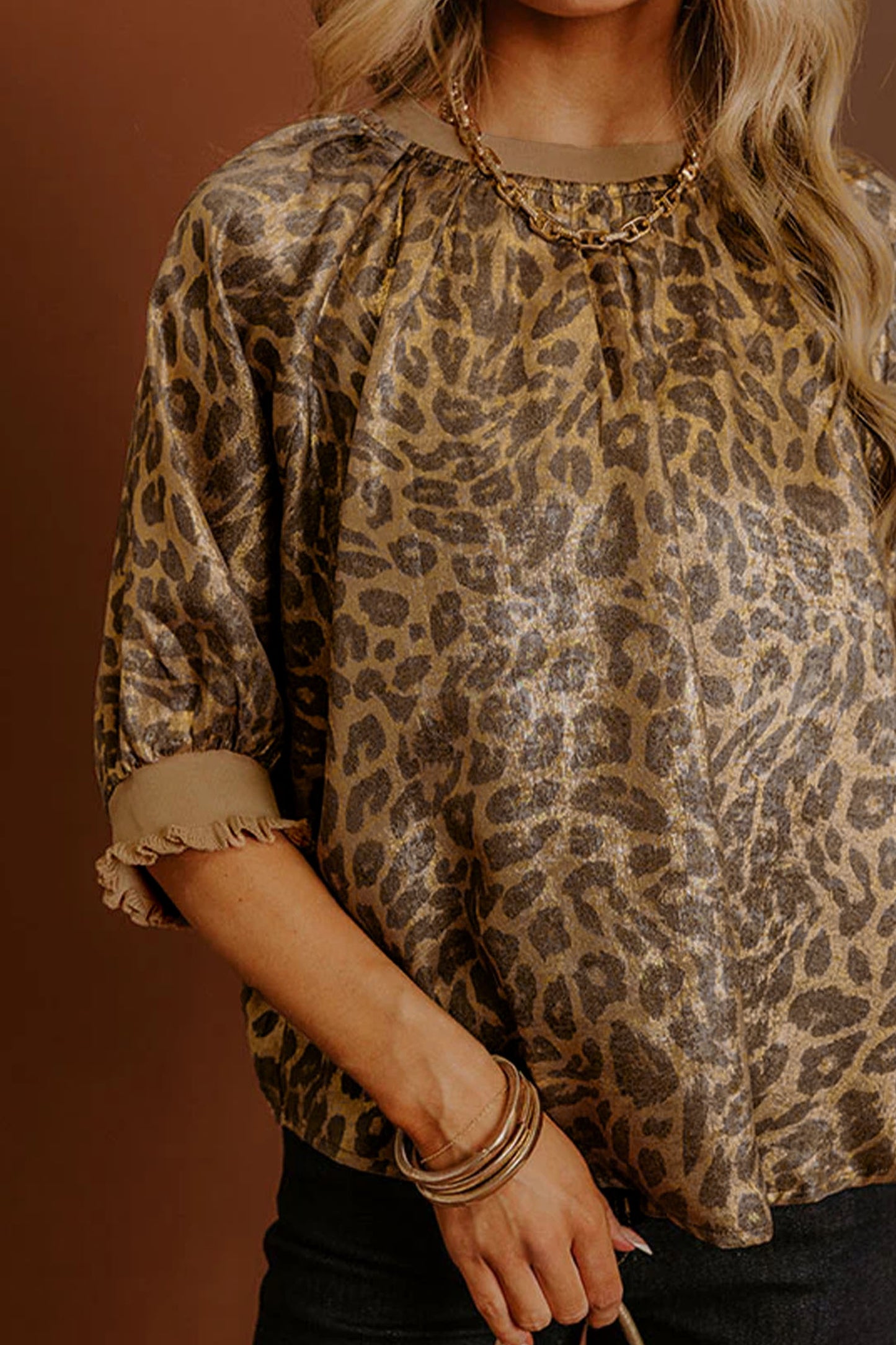 Metallic Leopard Print Puff Sleeve Blouse