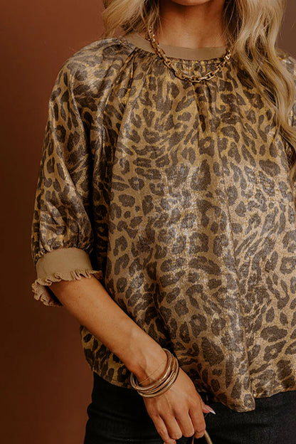 Metallic Leopard Print Puff Sleeve Blouse