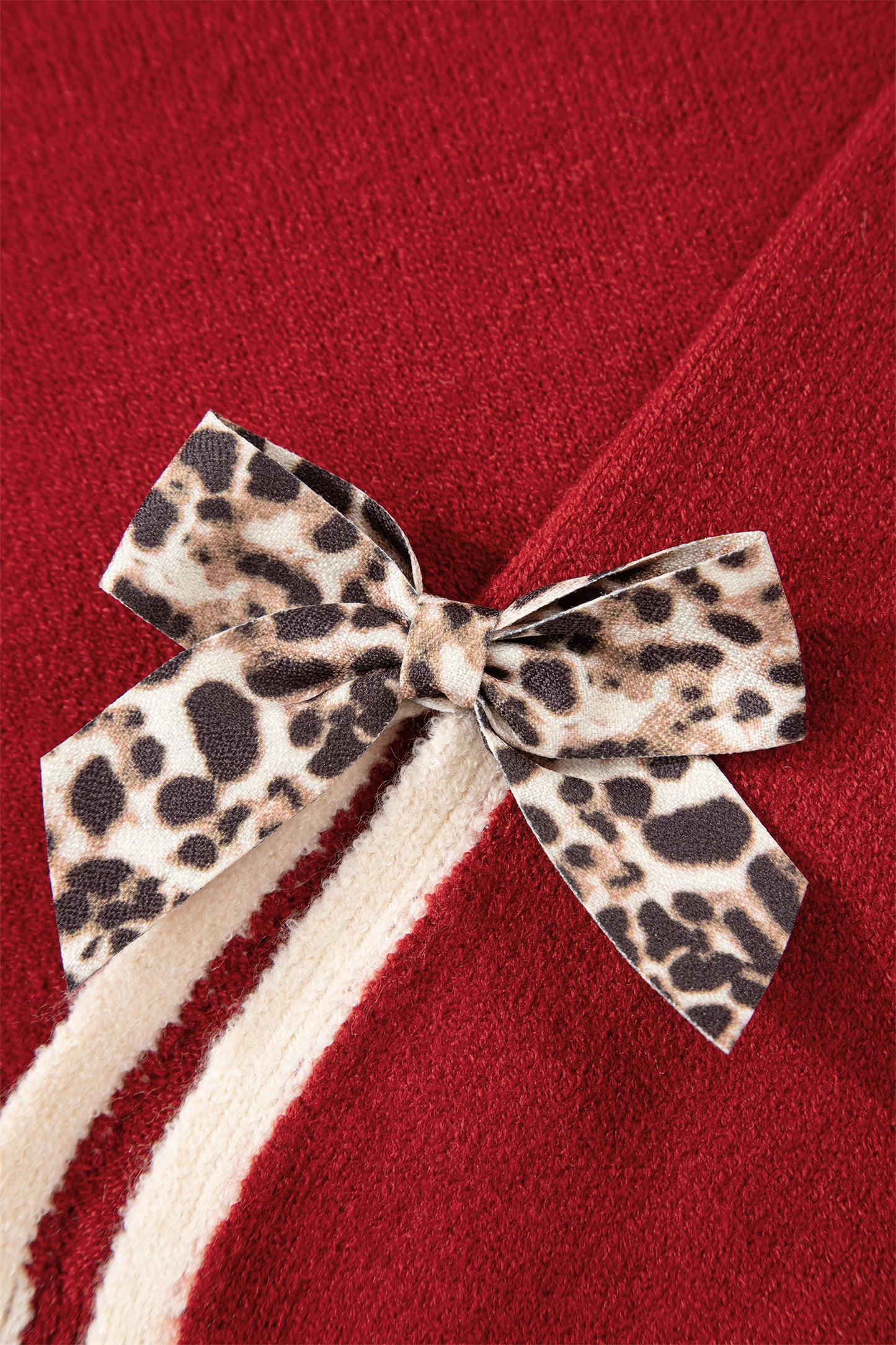 Leopard Bow Split Cuff Contrast Knit Sweater for Women