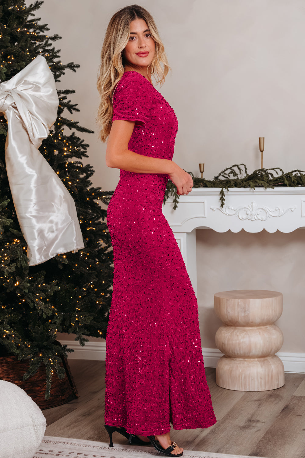 Pitaya Pink One Shoulder Sequin Gown with Slit
