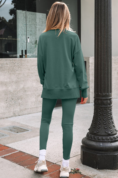 Solid Oversize Slit Sweatshirt with Ribbed Leggings Set