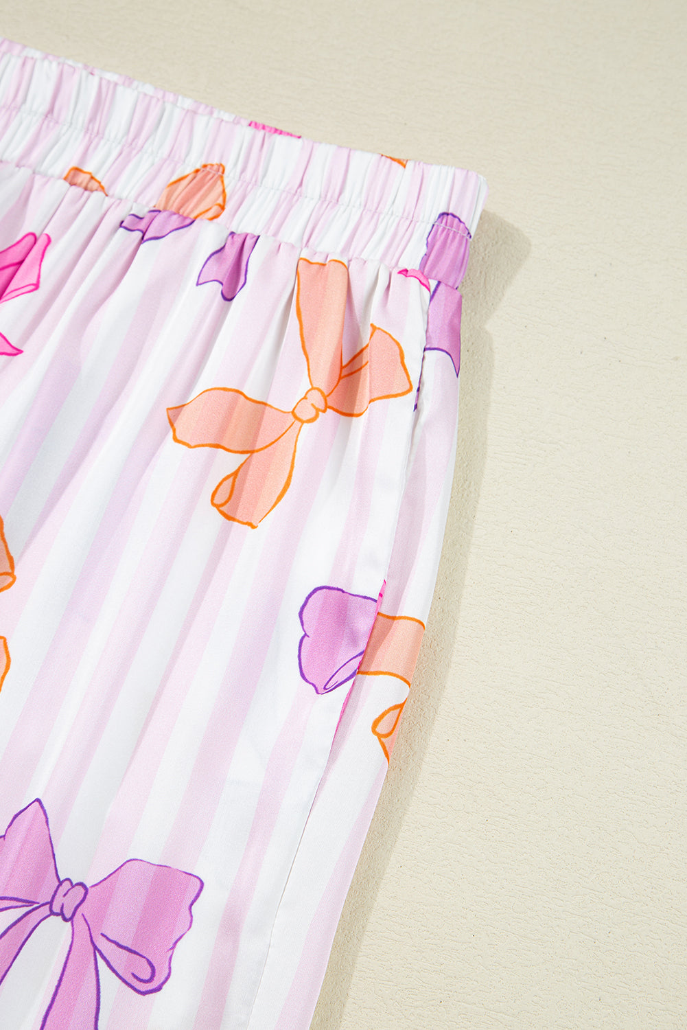 Pink Striped Bow Print Contrast Trim Pajama Set