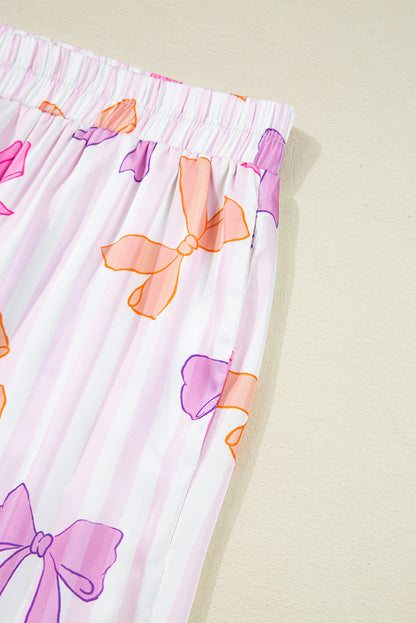 Pink Striped Bow Print Contrast Trim Pajama Set