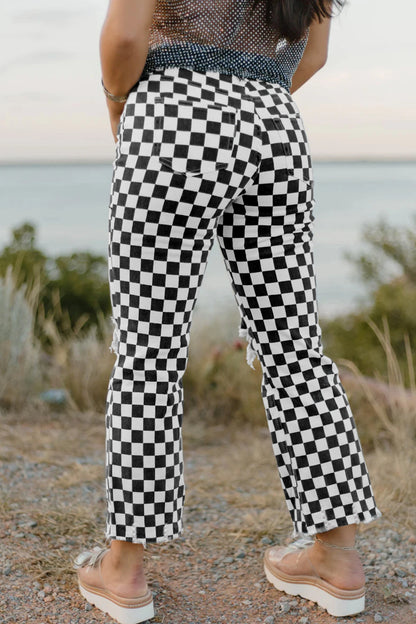 Checkerboard Distressed Cropped Jeans Raw Hem Pants
