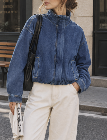 Women's Oversized Denim Jacket Zip Up Casual Blue