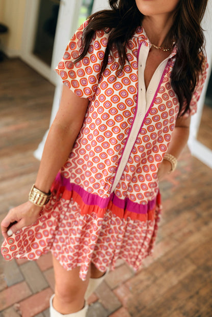 Orange Geometric Print Button Front Ruffle Hem Mini Dress