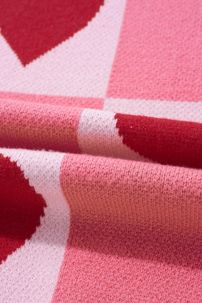 Pink Heart Checker Valentine Mock Neck Lantern Sleeve Sweater