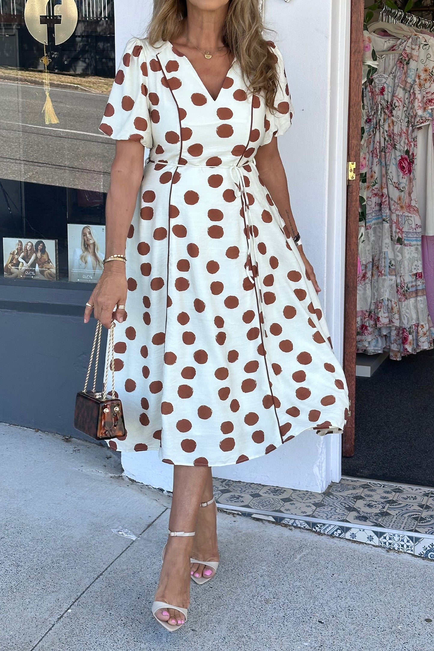 Polka Dot V Neck Tie Waist Short Sleeve Midi Dress