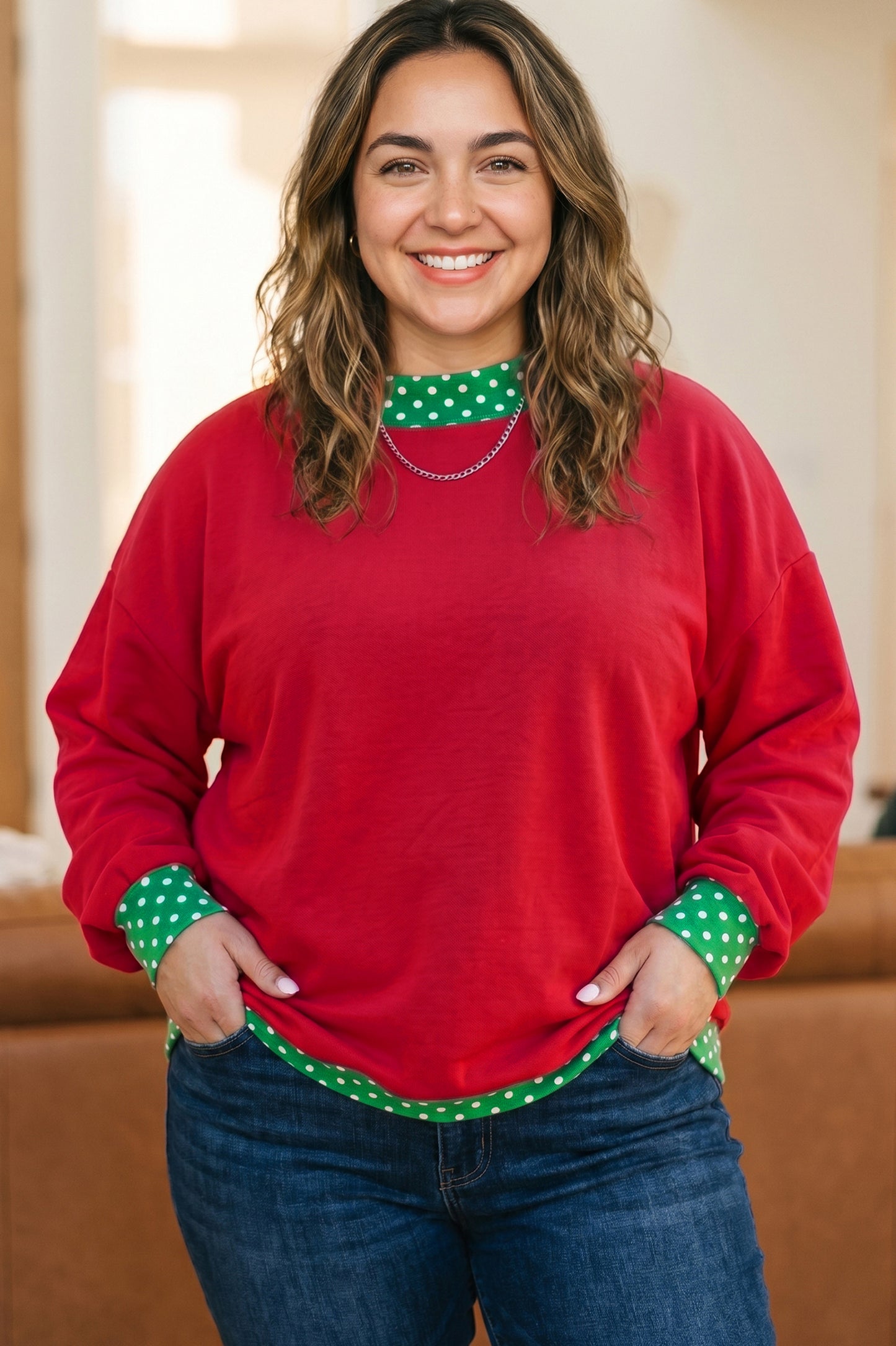 Polka Dot Trim Plus Size Crew Neck Tunic Sweatshirt