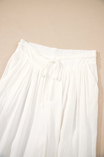 White High Waist Drawstring Wide Leg Palazzo Pants