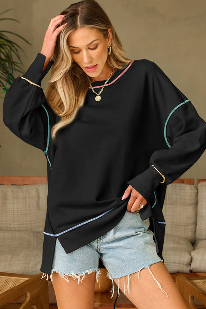 Contrast Stitching Split Baggy Sweatshirt