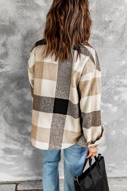 Plaid Colorblock Long Sleeve Jacket with Pockets – Casual Chic