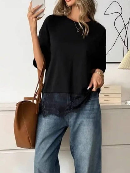 Women's Lace Hem Patchwork Short Sleeve Tee