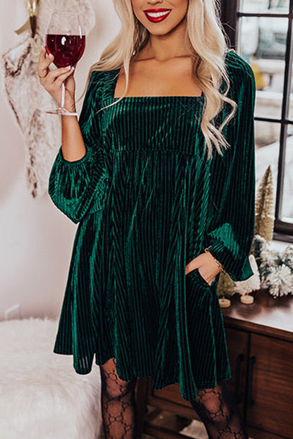 Velvet Square Neck Babydoll Dress with Tie Back Detail