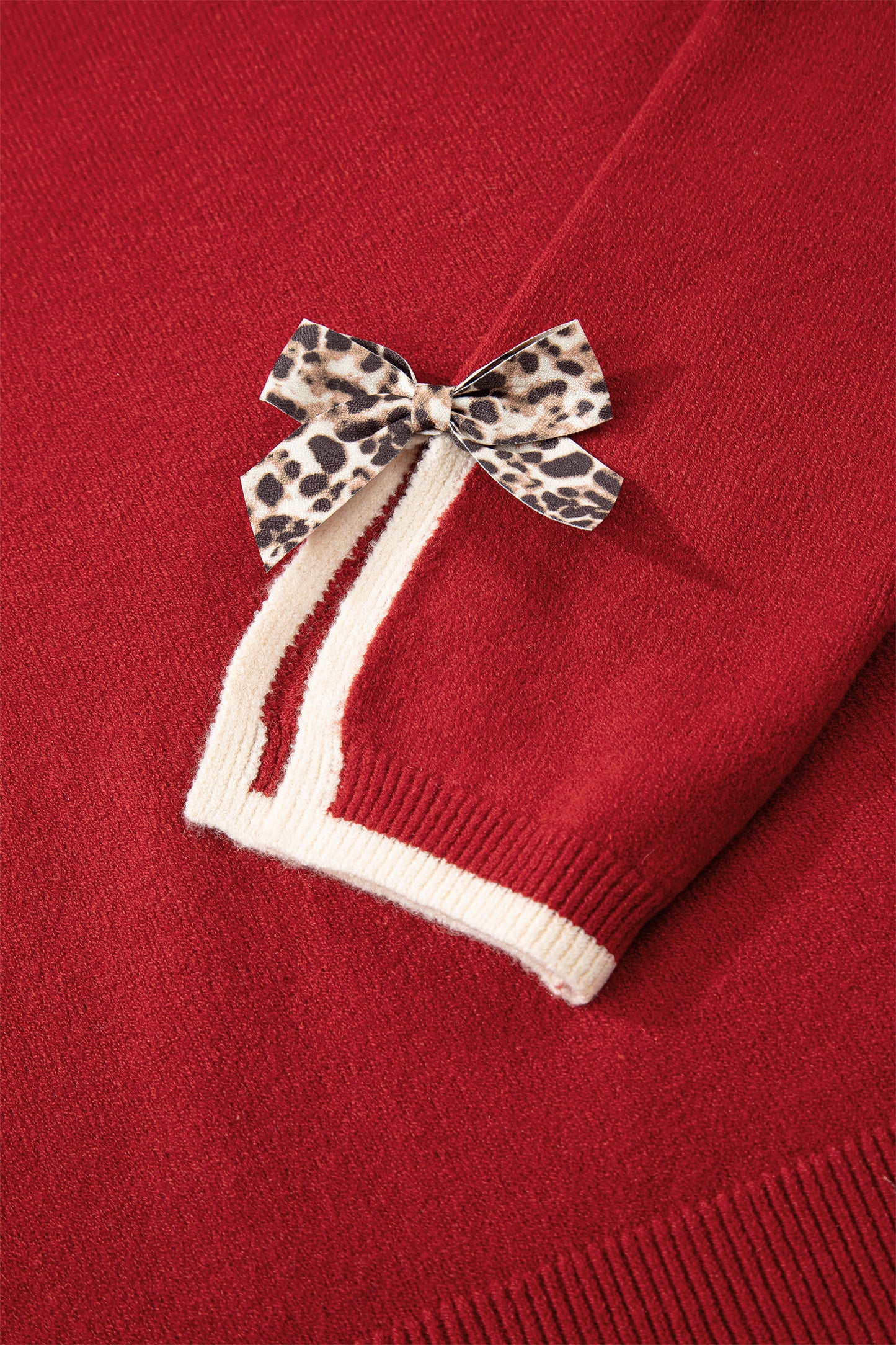 Leopard Bow Split Cuff Contrast Knit Sweater for Women