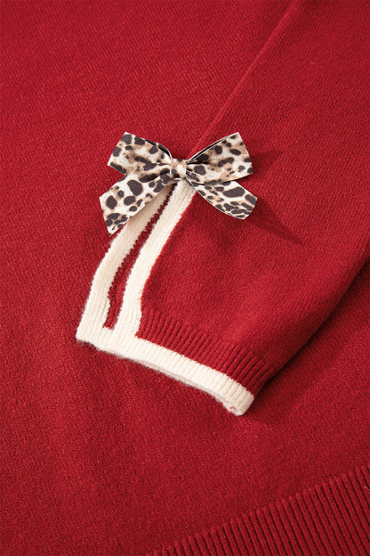 Leopard Bow Split Cuff Contrast Knit Sweater for Women