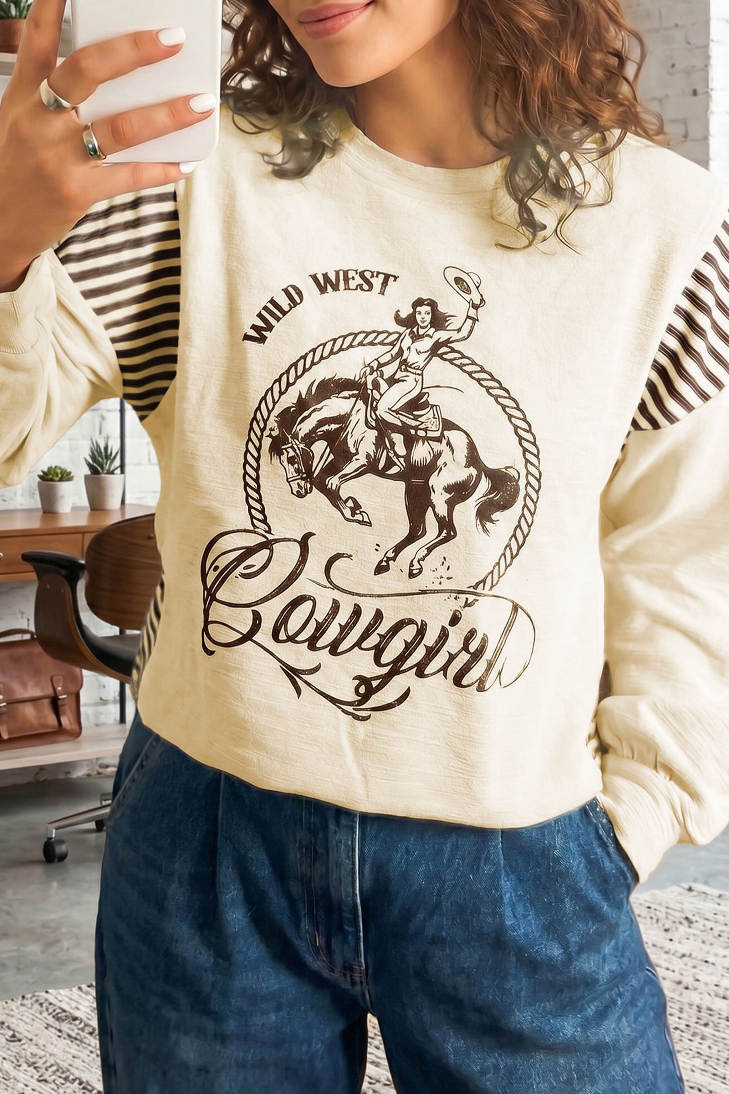 Women's Western Cowgirl Graphic Striped Sleeve Sweatshirt