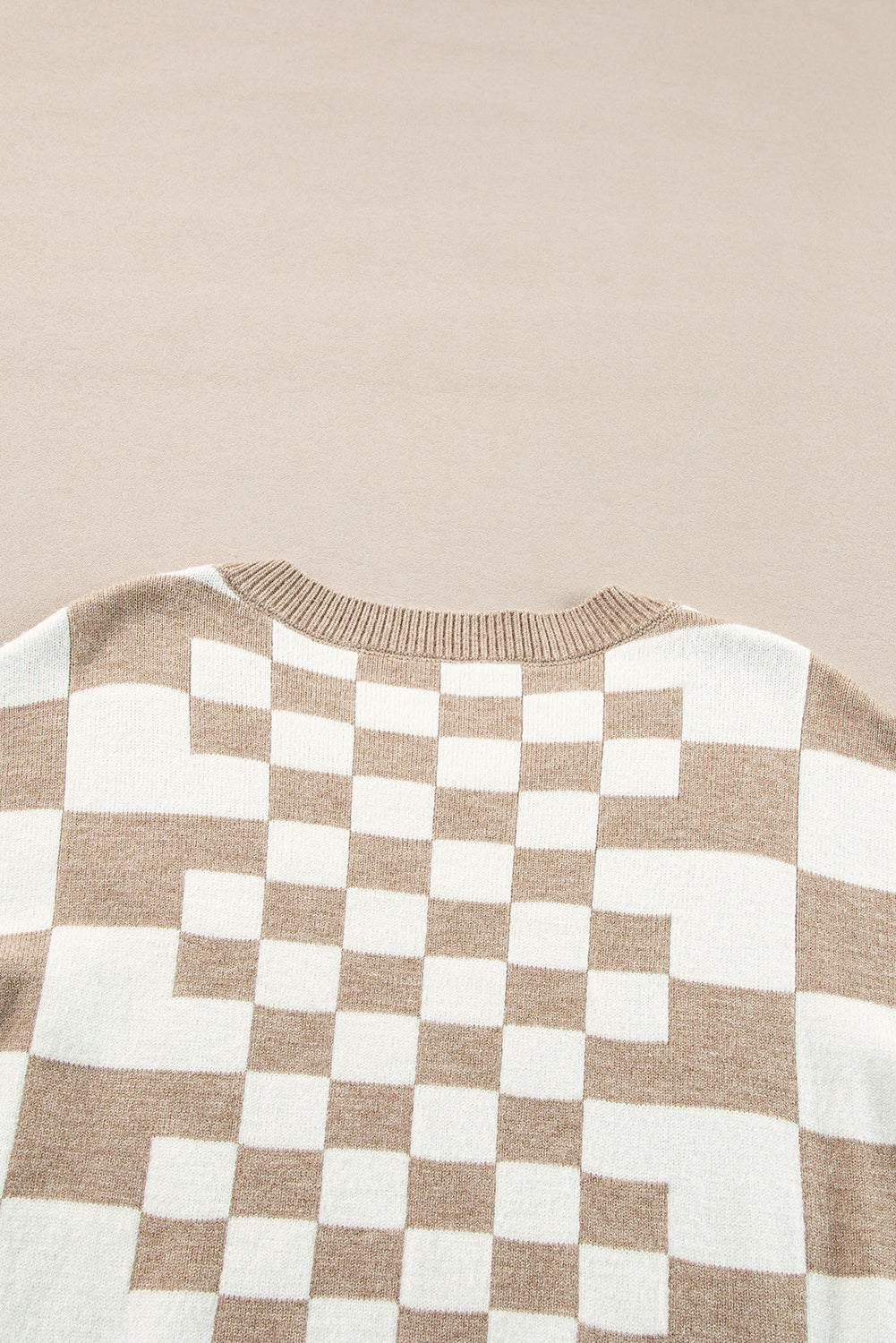 Brown Checkered Print Drop Shoulder Round Neck Sweater