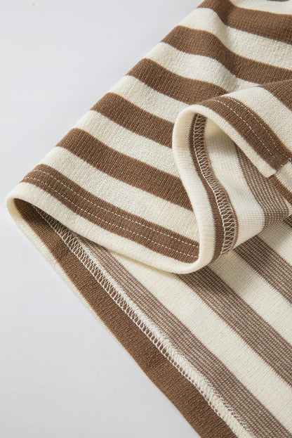 Brown Stripe Quarter Buttons Drop Sleeve Plus Size Hoodie