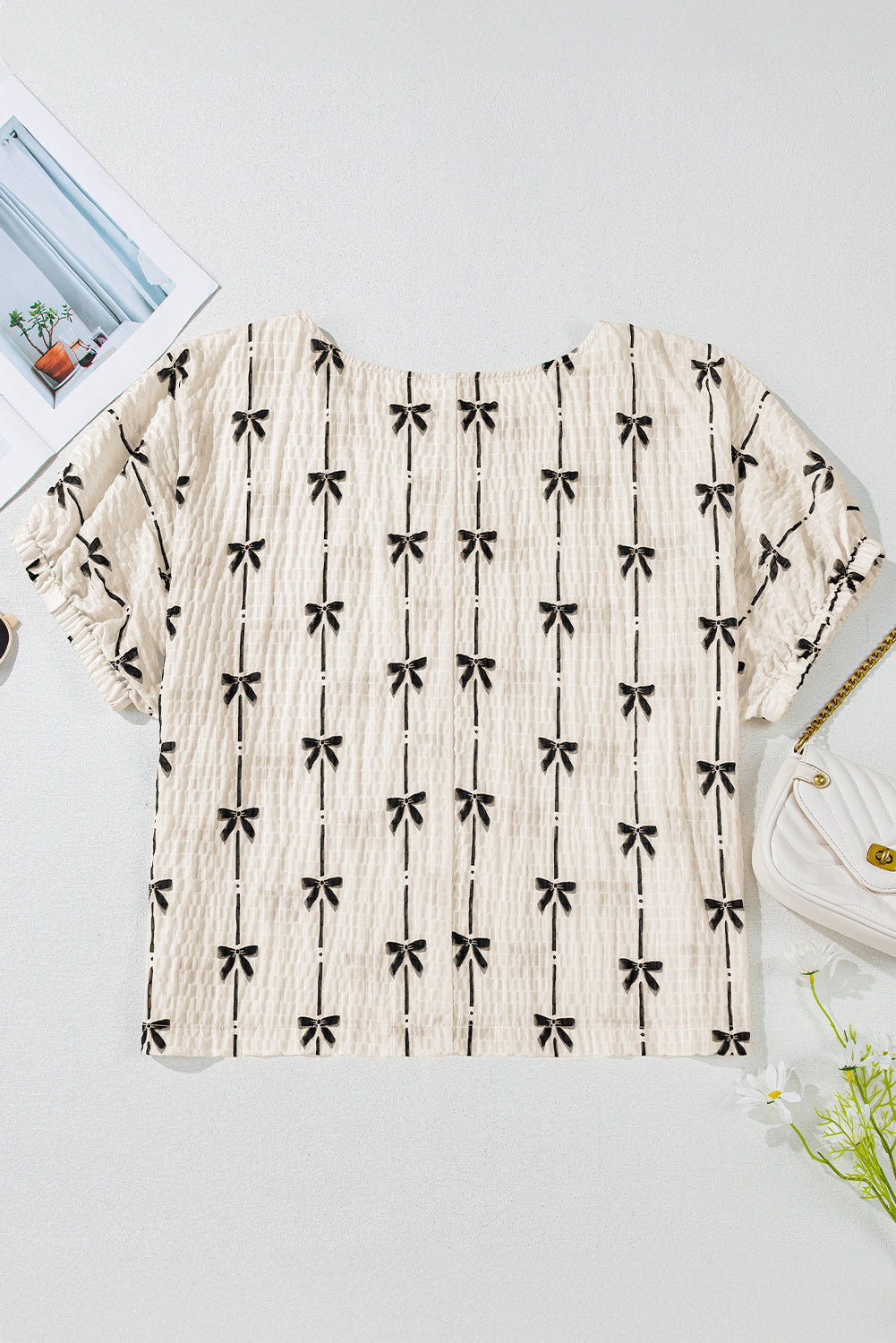 Women’s Beige Bow Print Puff Sleeve Casual Top