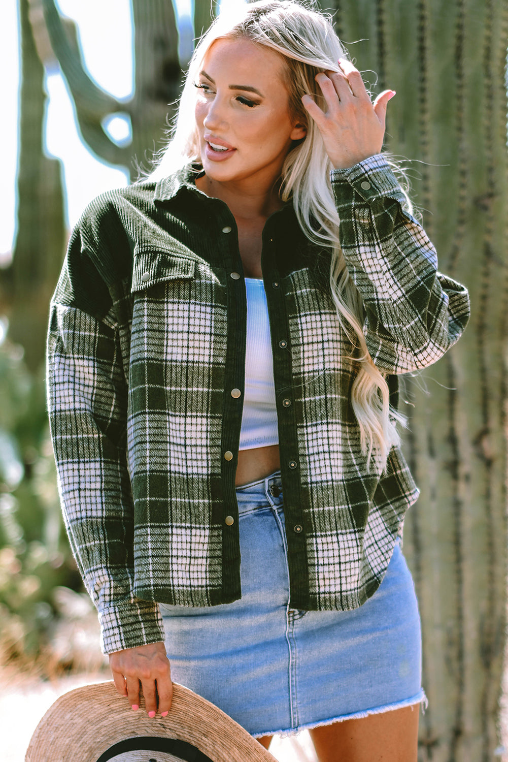 Blackish Green Snap Button Plaid Shacket with Corduroy Patchwork