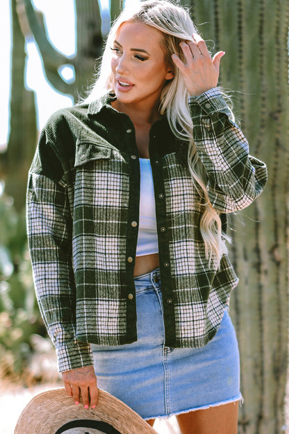 Blackish Green Snap Button Plaid Shacket with Corduroy Patchwork