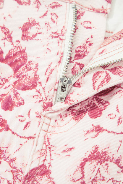 Pink Vintage Floral Print Wide Leg Denim Pants
