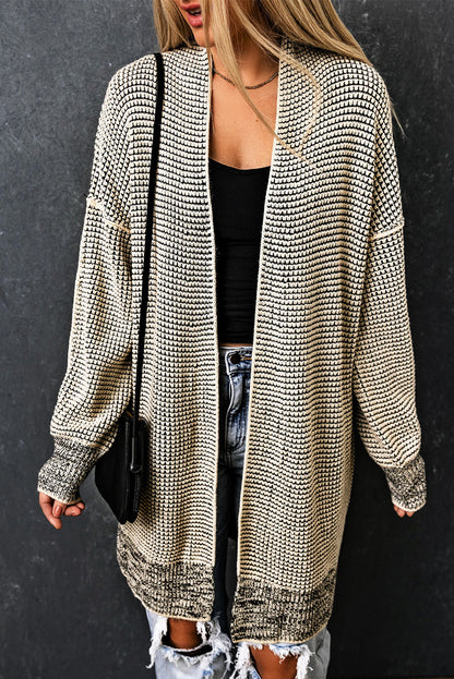 Black Plaid Knitted Long Open Front Cardigan