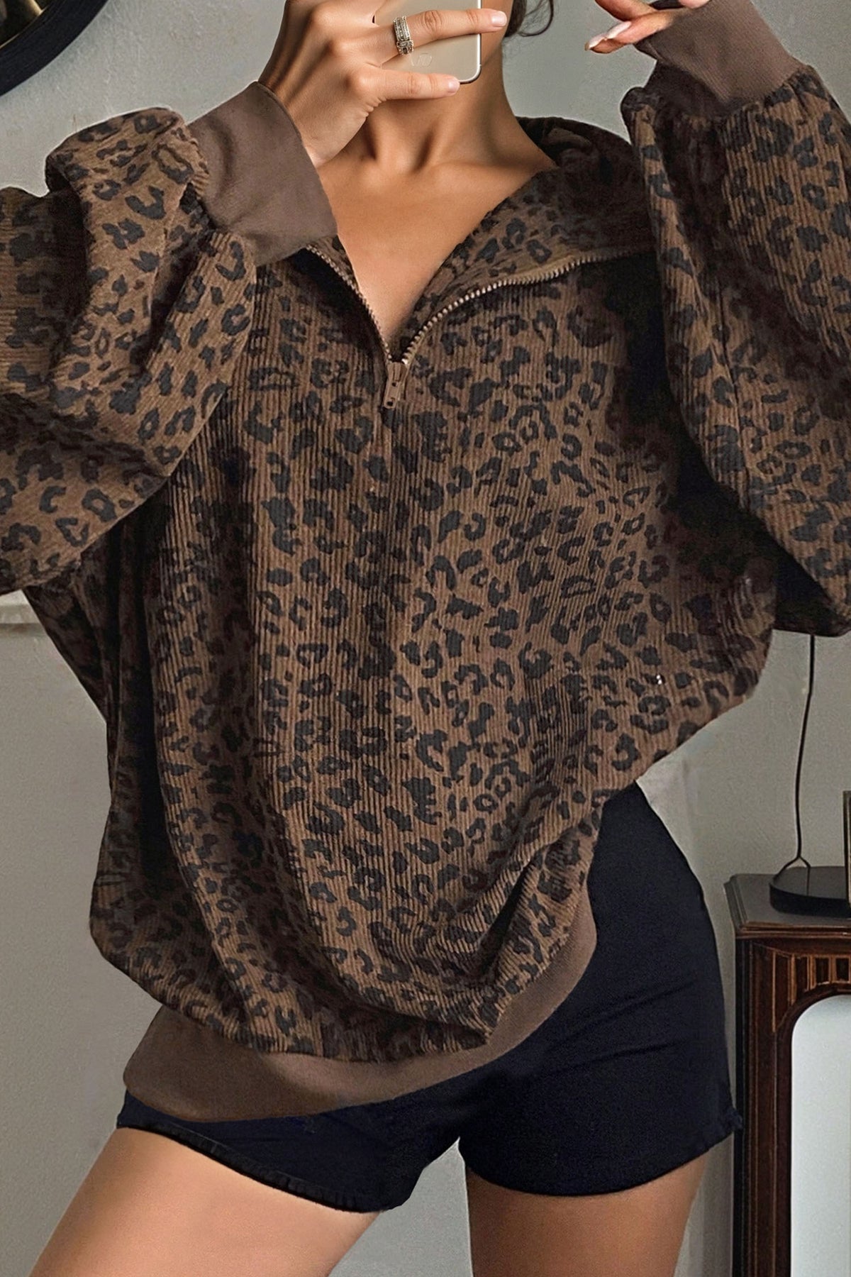 Leopard Print Quarter Zip Corduroy Pullover
