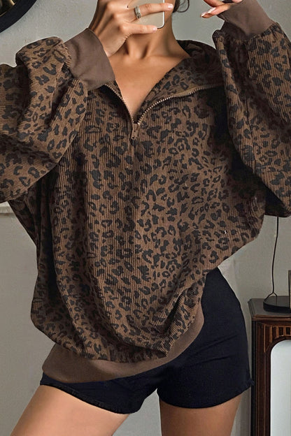 Leopard Print Quarter Zip Corduroy Pullover