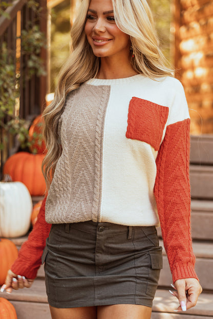 Gold Flame Colorblock Cable Knit Sweater Drop Shoulder