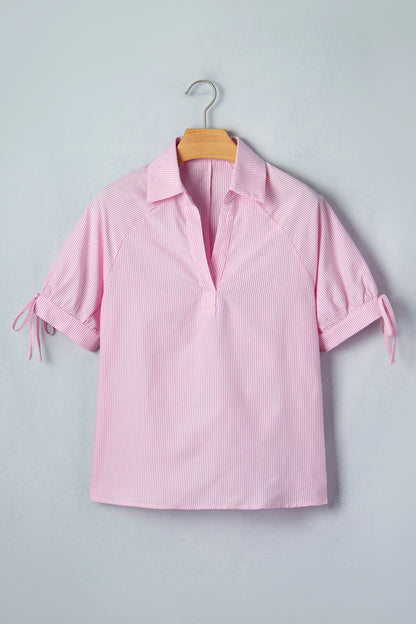 Striped V Neck Short Sleeve Casual Blouse Summer Top