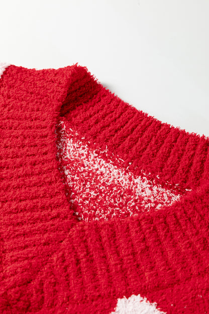 Red Checkered Heart Flower V Neck Knit Sweater for Women