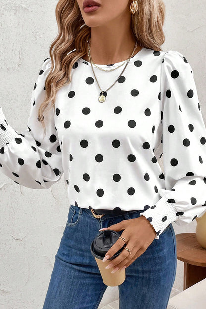 White Polka Dot Blouse Smocked Cuff Puff Sleeve Top